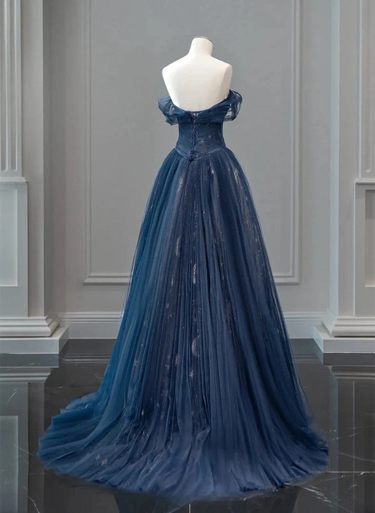 Navy Blue Sweetheart Off Shoulder Tulle Prom Dress, A-line Tulle Formal Dress