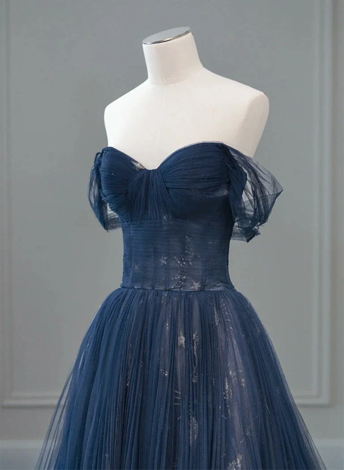 Navy Blue Sweetheart Off Shoulder Tulle Prom Dress, A-line Tulle Formal Dress