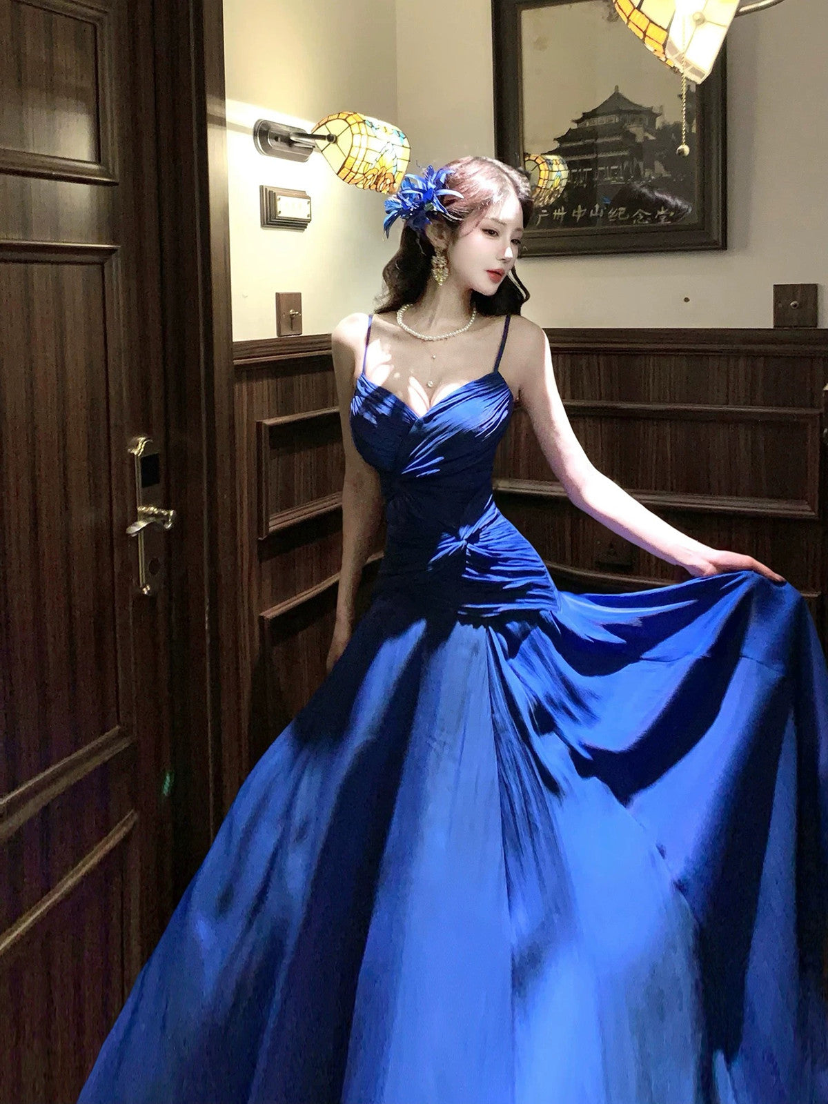 Blue Chiffon A-line V-neckline Straps Evening Dress, Blue Chiffon Long Prom Dress