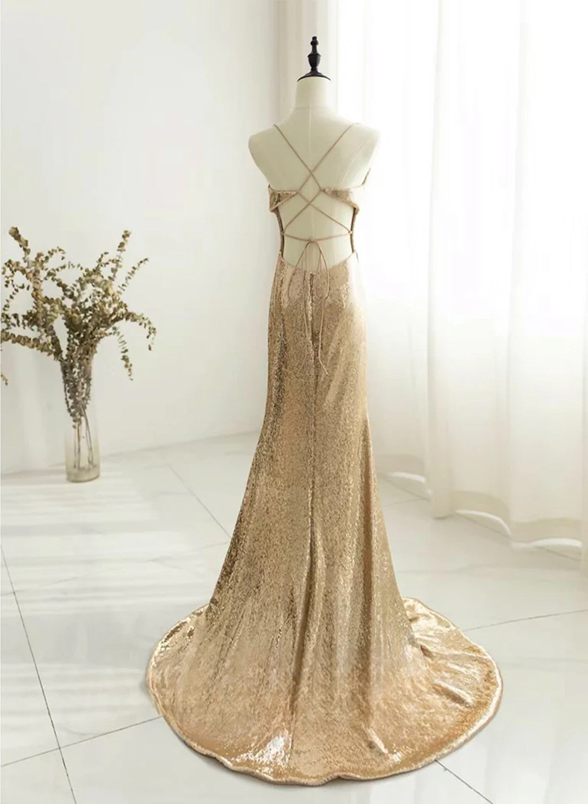 Champagne Sequins Long Prom Dress, Sequins Champagne Formal Dress