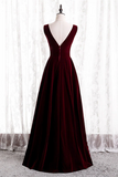 Burgundy Velvet V-neckline Simple Long Party Dress, Burgundy Bridesmaid Dress