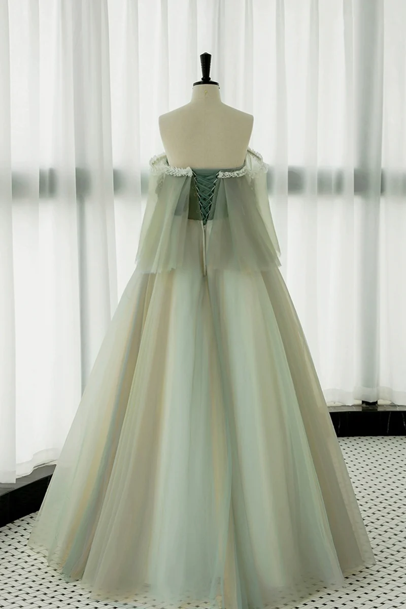 Light Green Off Shoulder Tulle with Lace Long Formal Dress, Light Green A-line Prom Dress