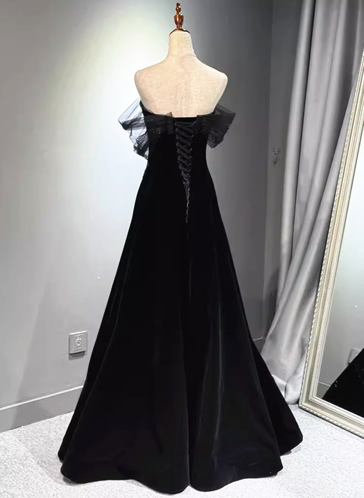 A-line Black Velvet and Tulle Off Shoulder Party Dress, Black Long Prom Dress