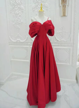 Red Satin A-line Straps Long Evening Dress, Red Long Party Dress