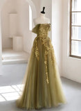 A-Line Off Shoulder Long Prom Dress, Green Tulle Formal Evening Dress