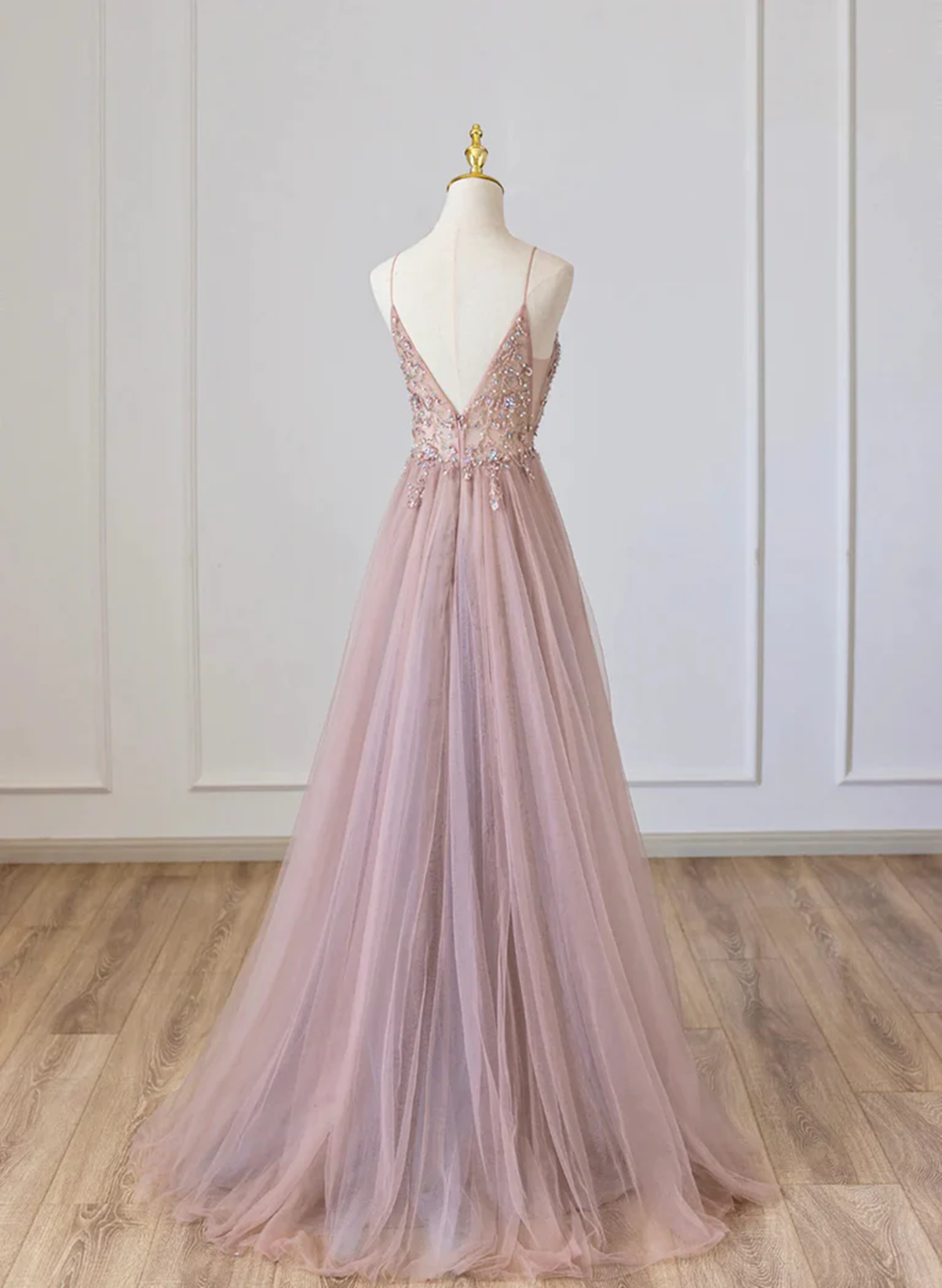 Lovely Pink V-neckline Beaded Straps Floor Length Party Dress, Pink Long Prom Dress