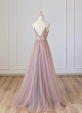 Lovely Pink V-neckline Beaded Straps Floor Length Party Dress, Pink Long Prom Dress