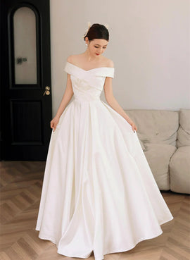 White Off Shoulder Simple Satin Wedding Party Dress, White Long Prom Dress