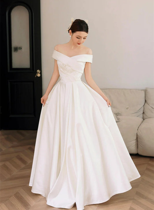 White Off Shoulder Simple Satin Wedding Party Dress, White Long Prom Dress