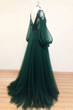 V Neck Long Sleeves Dark Green Lace Prom Dress, A-line Dark Green Lace Formal Evening Dress