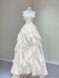 Lovely Layers Organza Beaded A-line Floor Length Party Dress, White Long Prom Dress
