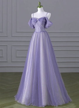 Lovely A-line Light Purple Tulle Beaded Long Party Dress, Light Purple Prom Dress