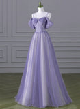 Lovely A-line Light Purple Tulle Beaded Long Party Dress, Light Purple Prom Dress