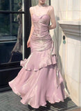 Pink Satin Mermaid Straps Long Formal Dress, Pink Floor Length Prom Dress