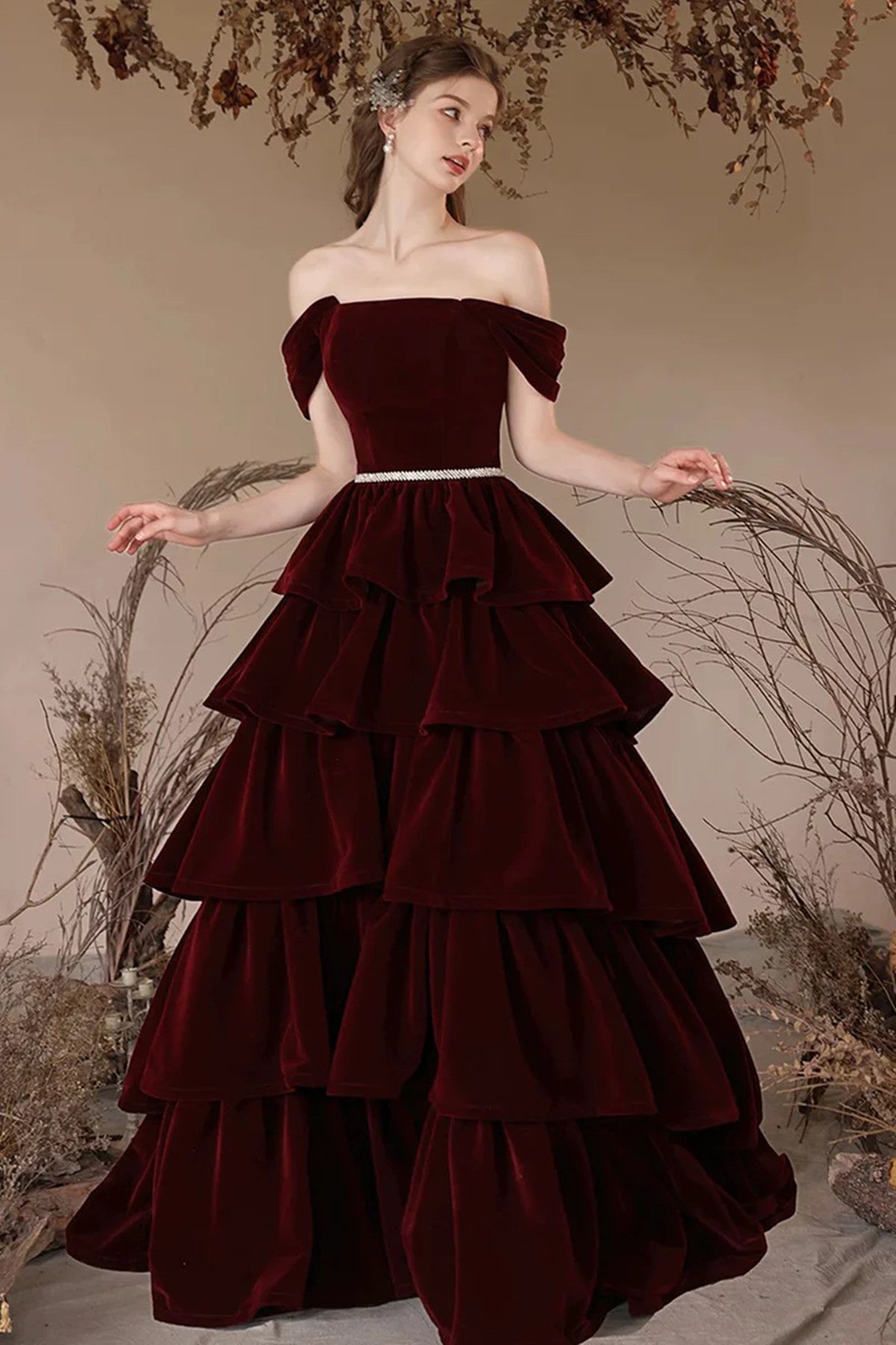 Wine Red Layers Velvet Off Shoulder Prom Dress, Wine Red Party Dress