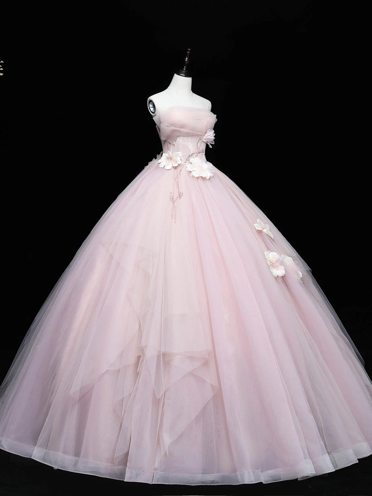 Lovely Pink Tulle Ball Gown Long Formal Dress, Pink Flowers Long Sweet 16 Dress