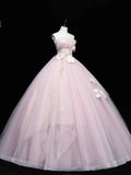 Lovely Pink Tulle Ball Gown Long Formal Dress, Pink Flowers Long Sweet 16 Dress