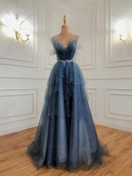 Glam Dark Blue Beaded Long Tulle Party Dress, Dark Blue Prom Dress