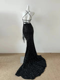 Black Sequins Mermaid High Low Lace-up Party Dress, Black Sequins Formal Dress