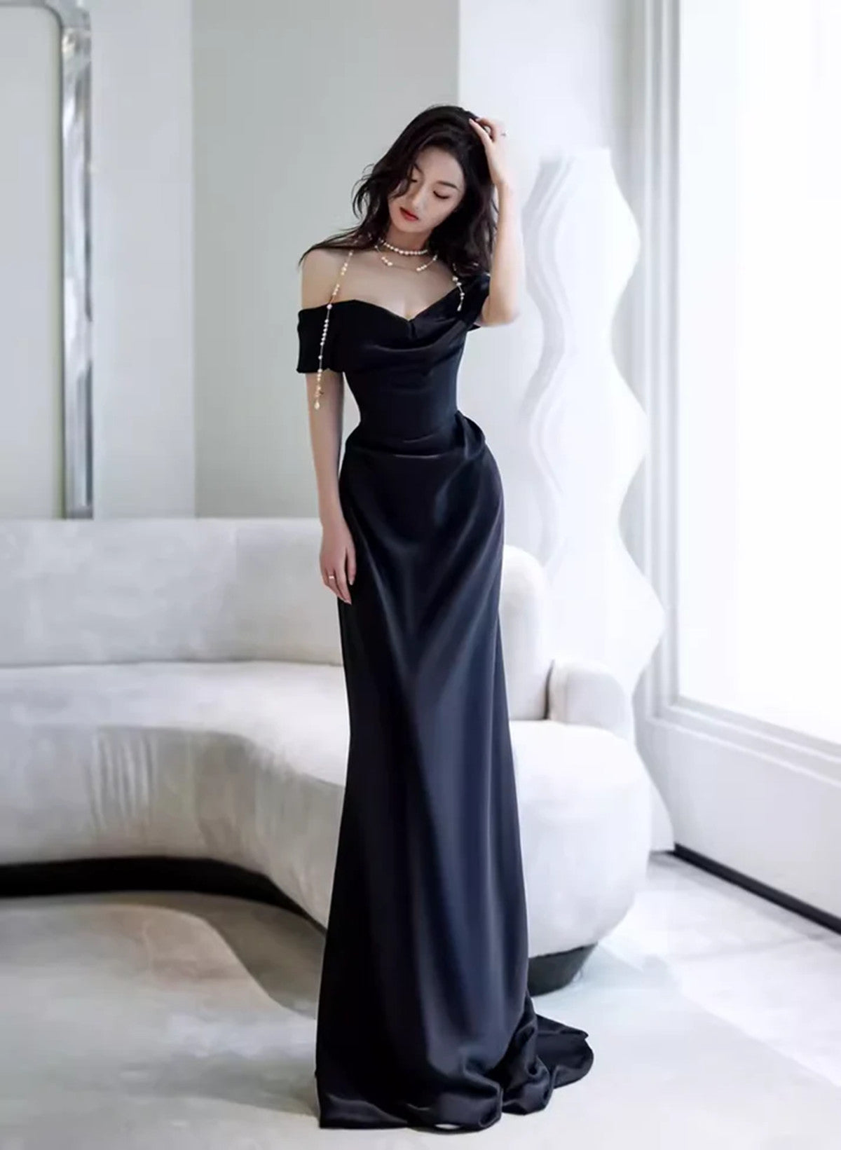 Elegant Black Off Shoulder Long Formal Gown, Black Satin Prom Dress Party Dress