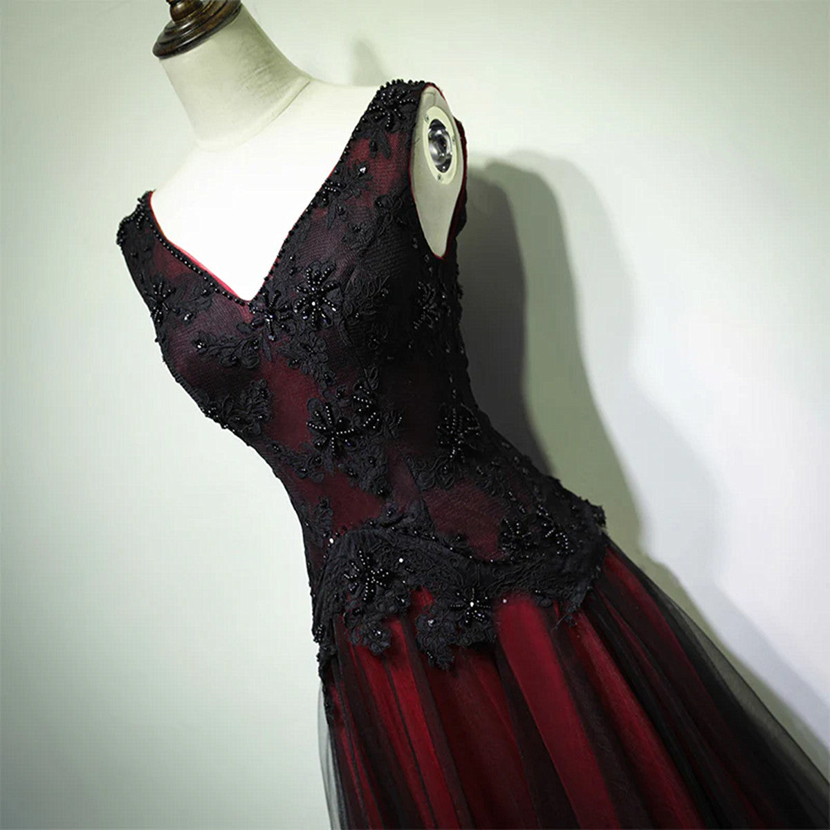 black lace dress with red lining red dress with black lace A-line Black and Red Tulle with Lace Party Dress, Black