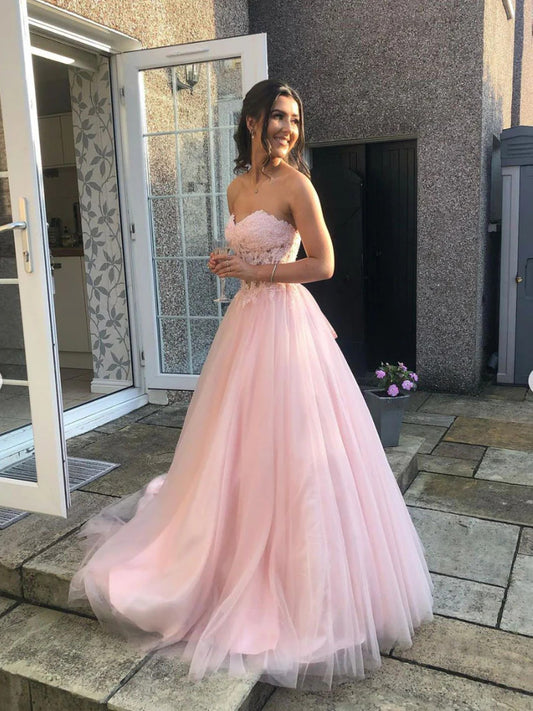 A-line Pink Tulle Sweetheart with Lace Party Dress, Pink Tulle Floor Length Prom Dress