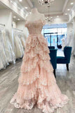 A-line Pink Off Shoulder Sweetheart Long Prom Dress, Pink Tulle Layers Formal Dress