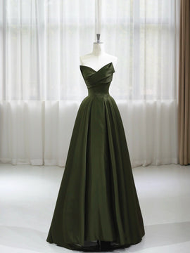 Chic V-neckline Olive Green Long Prom Dress Formal Dress, Green Satin Evening Dress