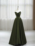 Chic V-neckline Olive Green Long Prom Dress Formal Dress, Green Satin Evening Dress