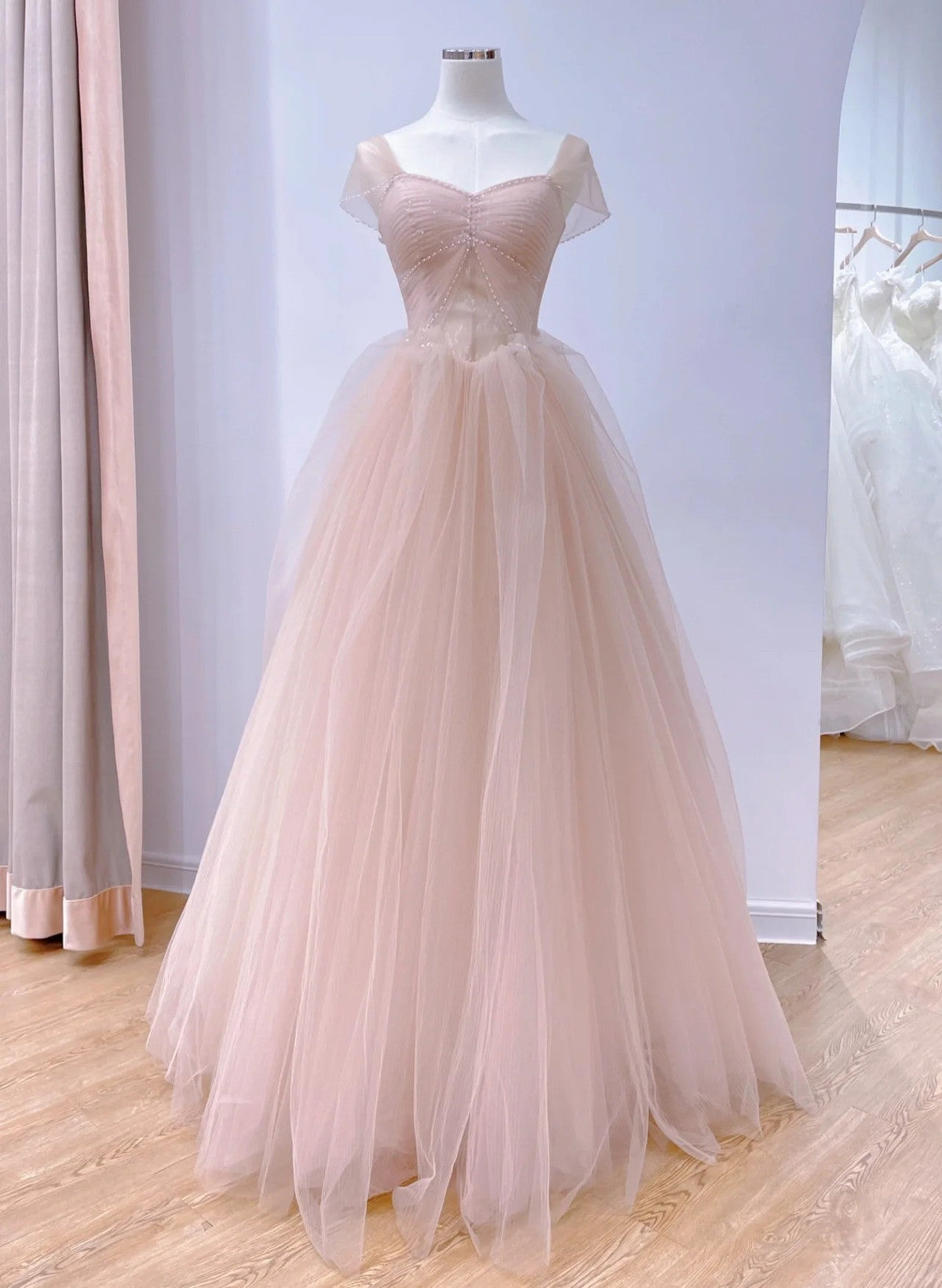 Pink Tulle Short Sleeves A-line Long Evening Dress, Pink Tulle Prom Dress