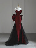 Black and Red Strapless Long Prom Dress, Elegant Evening Formal Gown with Bow