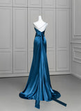 Blue Soft Satin Long Prom Dress with Leg Slit, Blue Evening Dress Formal Dress