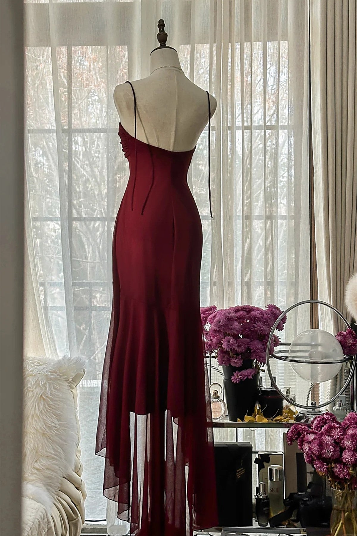 Wine Red High Low Chiffon Sweetheart Party Dress, Wine Red Chiffon Hom Formaldressy Wine Red High Low Chiffon Sweetheart Party Dress, Wine Red Chiffon Hom Formaldressy