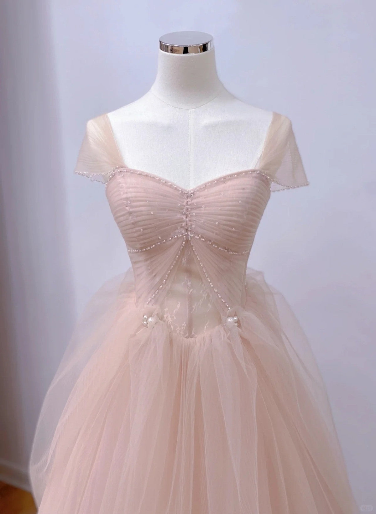 Pink Tulle Short Sleeves A-line Long Evening Dress, Pink Tulle Prom Dress