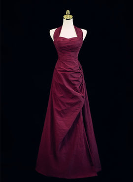 Wine Red A-Line Halter Vintage Style Prom Dress, Wine Red Long Evening Dress