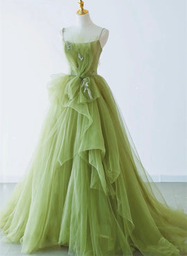 Green Tulle Beaded Long Party Dress, Green Tulle Evening Dress Formal Gown