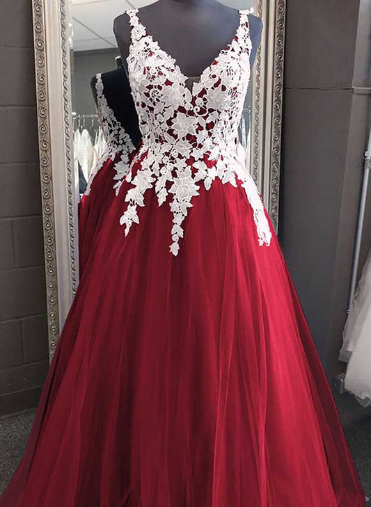 Wine Red Tulle with White Lace V-neckline Prom Dress, Wine Red Long Evening Dress