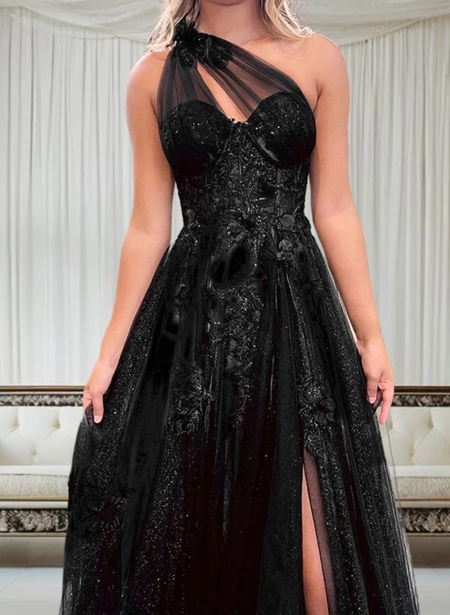One Shoulder Black Tulle with Lace Applique Prom Dress, Black Formal D