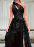 One Shoulder Black Tulle with Lace Applique Prom Dress, Black Formal Dress