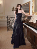 Black Scoop Mermaid Straps Long Party Dress, Black Satin Long Formal Dress Prom Dress
