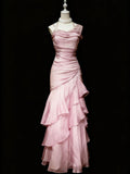 Pink Layers Straps Floor Length Formal Dress, Pink Long Prom Dress Party Dress