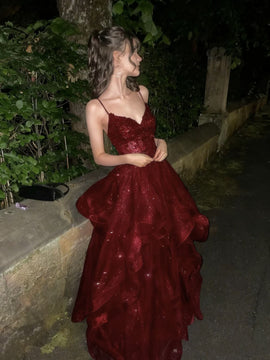 Wine Red Tulle V-neckline with Lace Applique Prom Dress, WIne Red Long Formal Dress