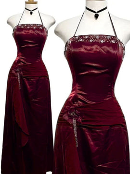 Wine Red Beaded Scoop Halter Satin Long Prom Dress, Wine Red Satin Evening Formal Dress