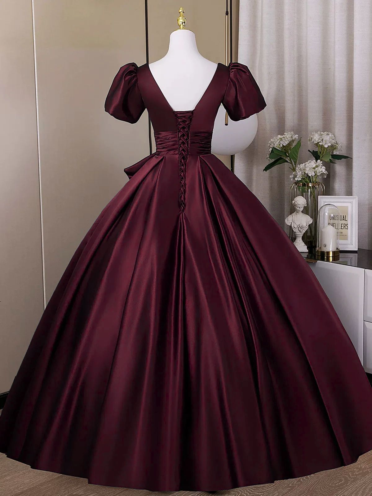 Wine Red Sweetheart Satin Long Formal Dress, Short Sleeves Wine Red Prom Dress