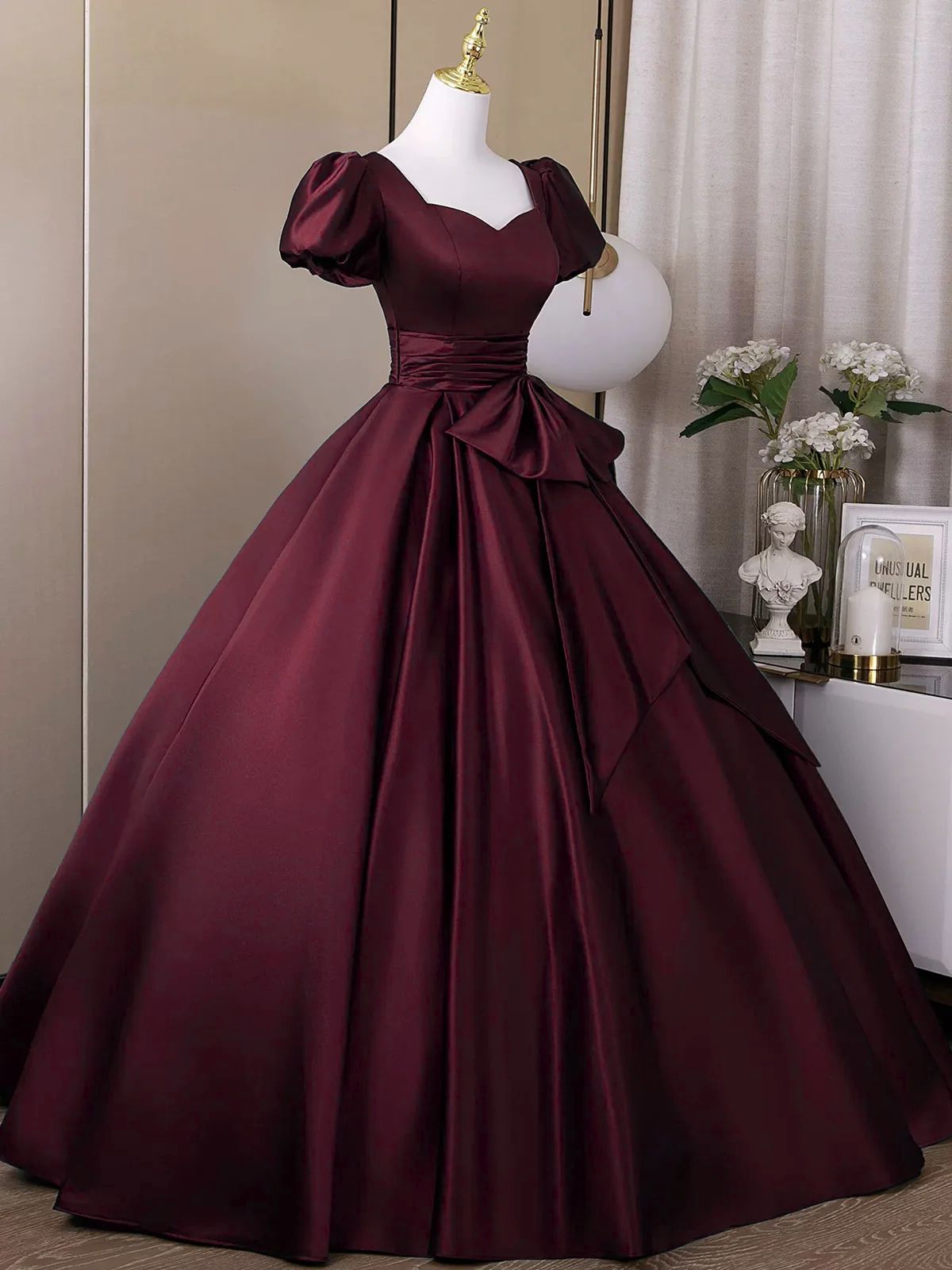 Wine Red Sweetheart Satin Long Formal Dress, Short Sleeves Wine Red Prom Dress