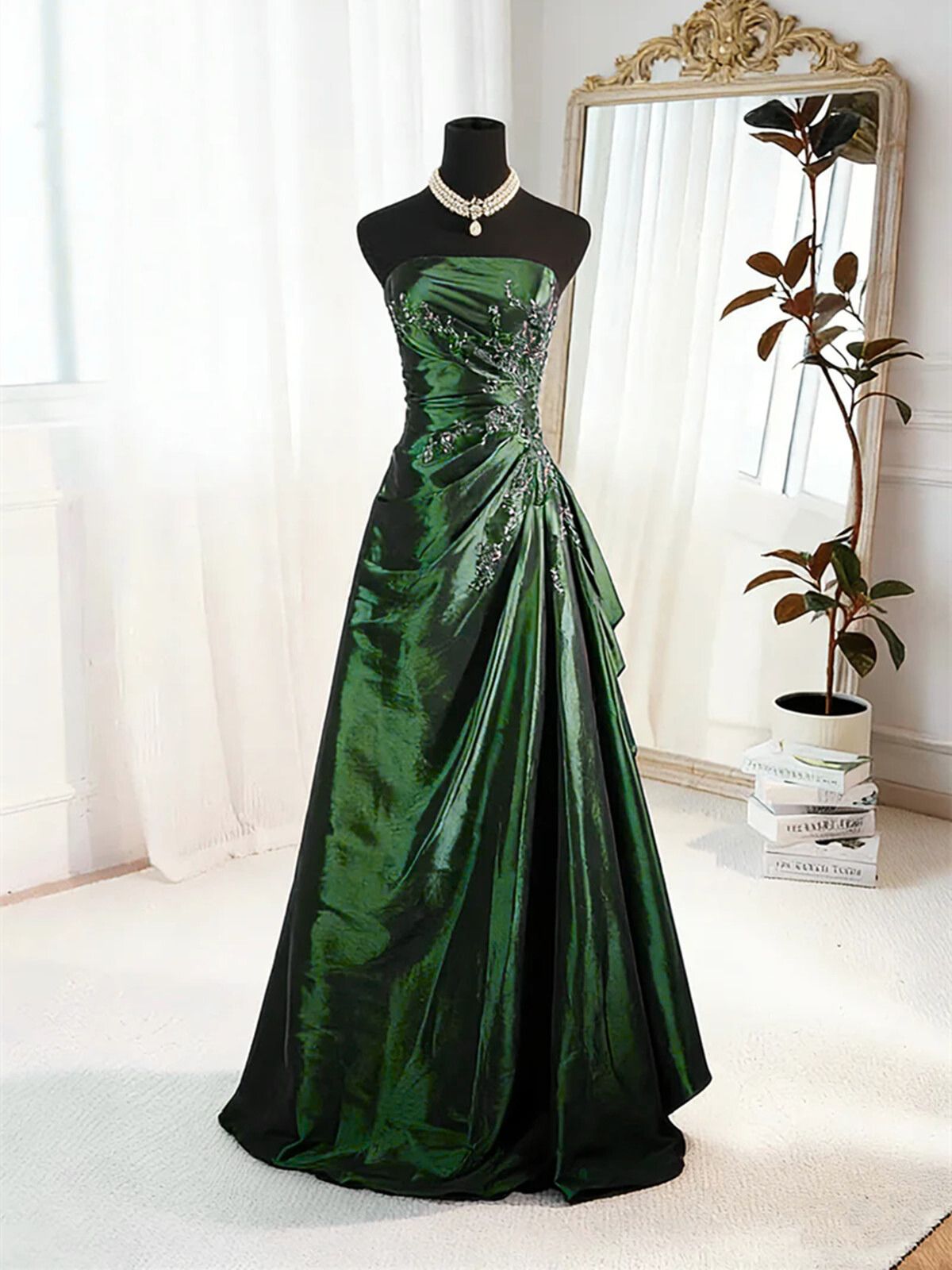 Green Satin A-line Beaded Strapless Prom Dress, Green Satin Long Eveni
