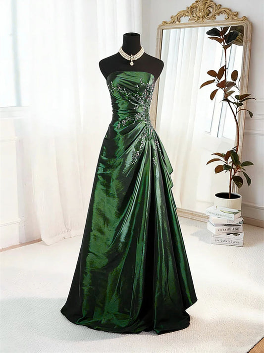 Green Satin A-line Beaded Strapless Prom Dress, Green Satin Long Evening Dress Formal Dress