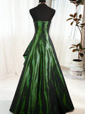 Green Satin A-line Beaded Strapless Prom Dress, Green Satin Long Evening Dress Formal Dress