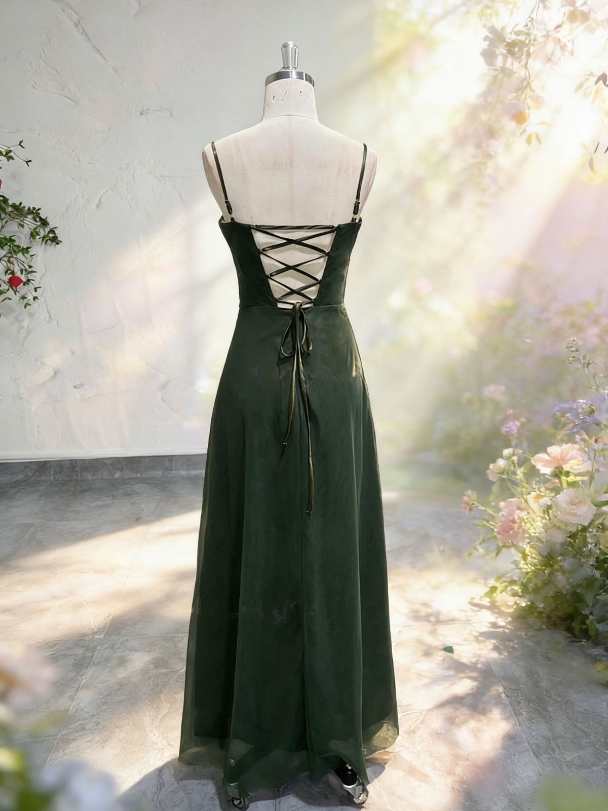 A-line Green Tulle with Beaded Straps Prom Dress, Green Long Party Dress Evening Dress