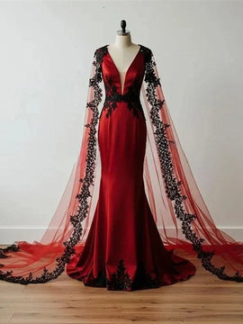 Wine Red Satin V-neckline Low Back Party Dress with Lace, Wine Red Wedding Party Dress